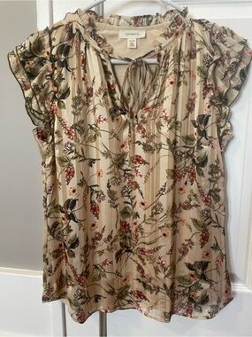 Beige Floral Tie-Neck Blouse - XS